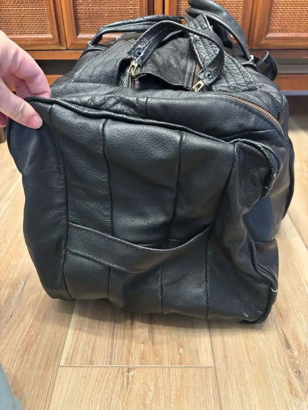 70s Vintage Large Black Genuine Cowhide Leather Travel Duffle Weekender Bag